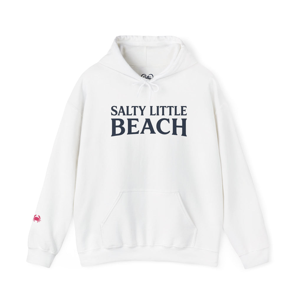 Beach Hoodie — "Salty Little Beach" Graphic Pullover with Crab Accent