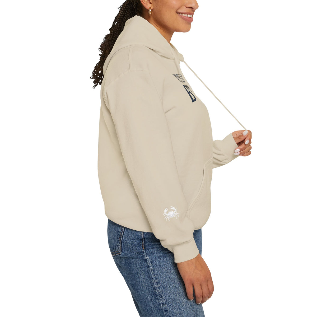 Beach Hoodie — "Salty Little Beach" Graphic Pullover with Crab Accent